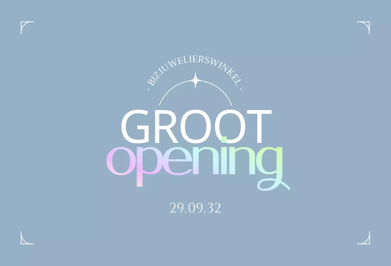 Een ansichtkaart ter promotie van de grote opening van een juwelierswinkel in lichtblauwe tinten