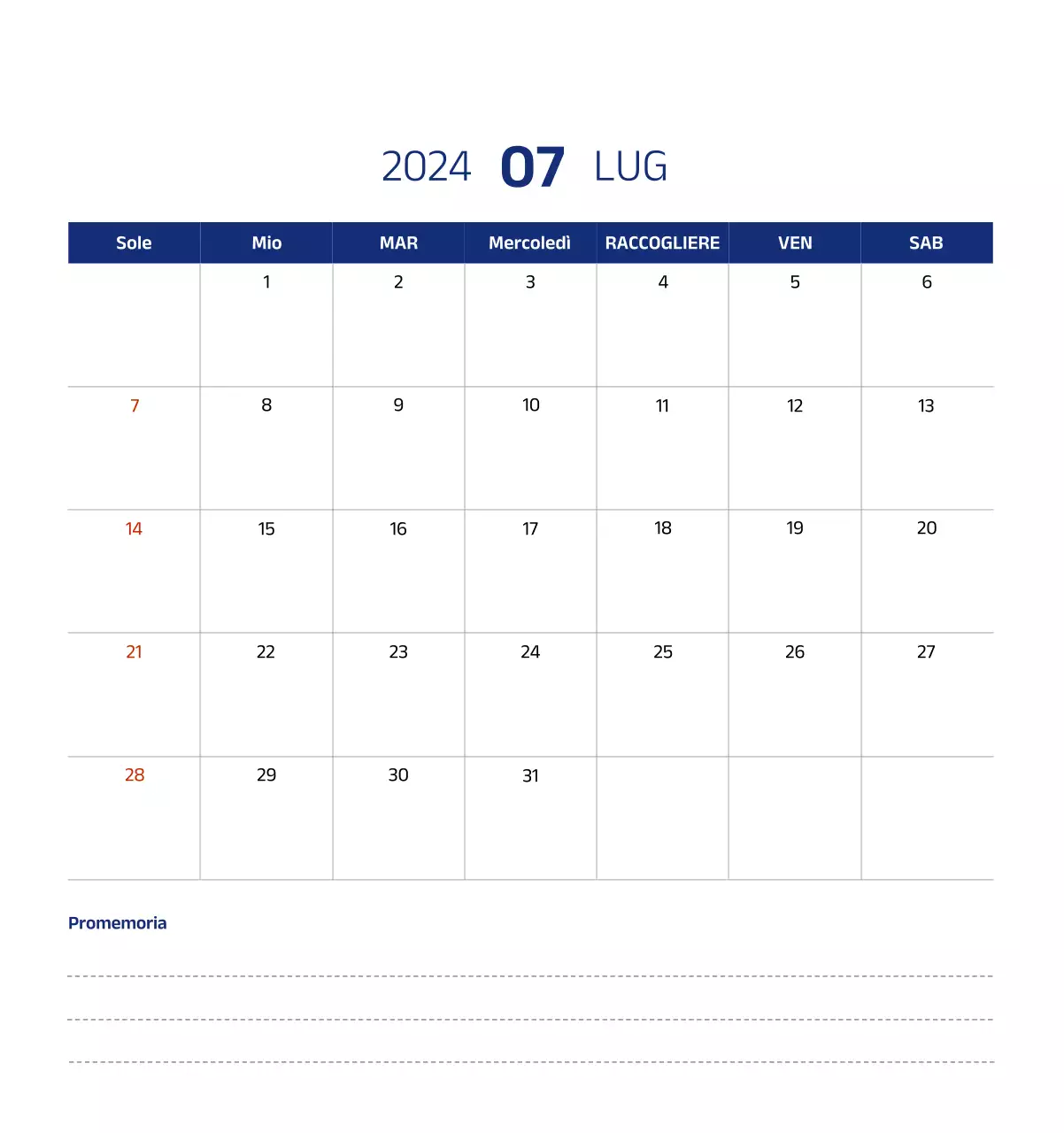 Calendario semplice con illustrazioni pulite in blu