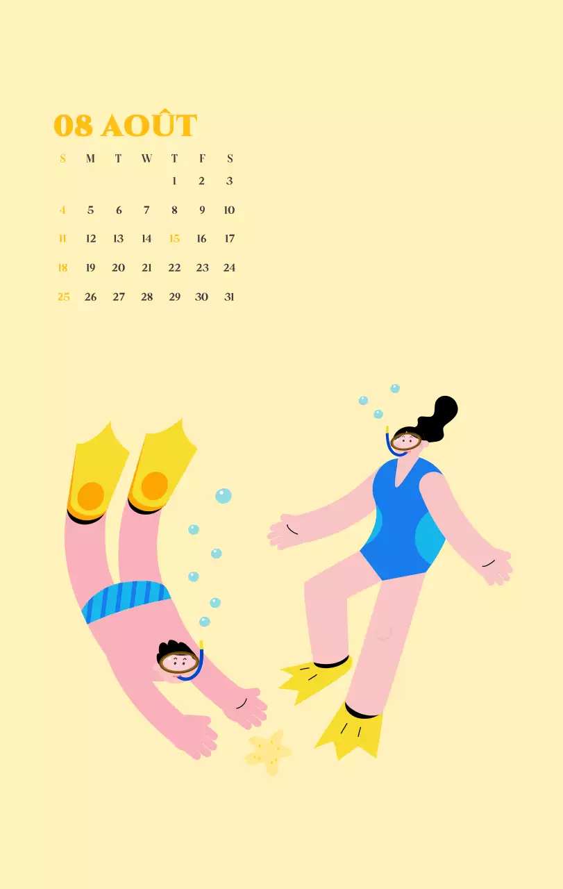 Calendrier avec illustrations de jeunes sur fond jaune et vert