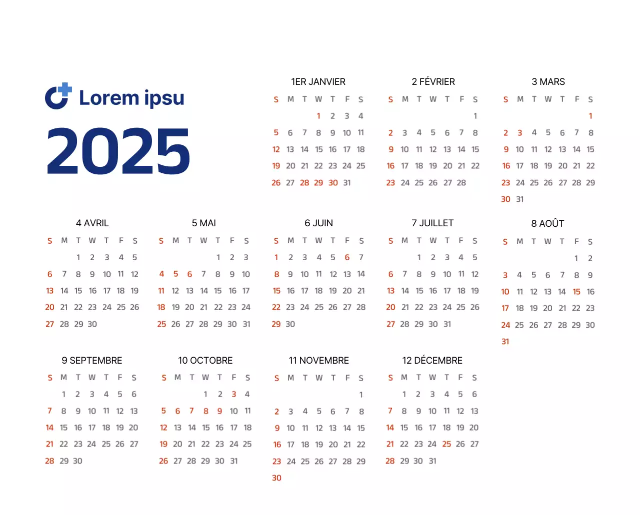 Calendrier simple avec des illustrations épurées en bleu