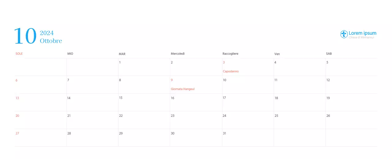Calendario ecclesiastico blu di concezione moderna