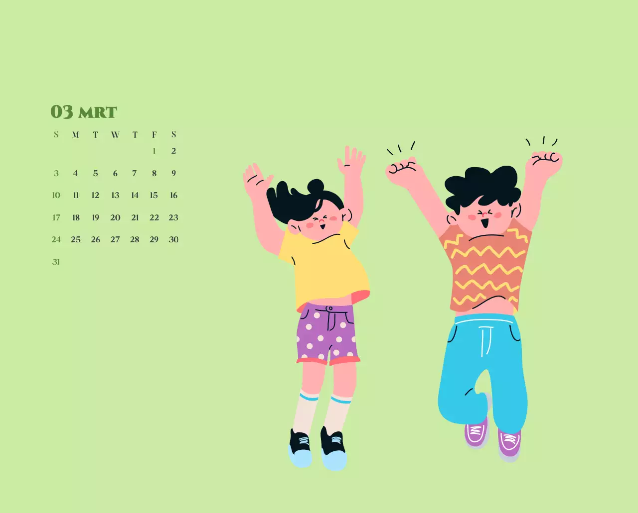 Kalender met jeugdillustraties op een gele en groene achtergrond