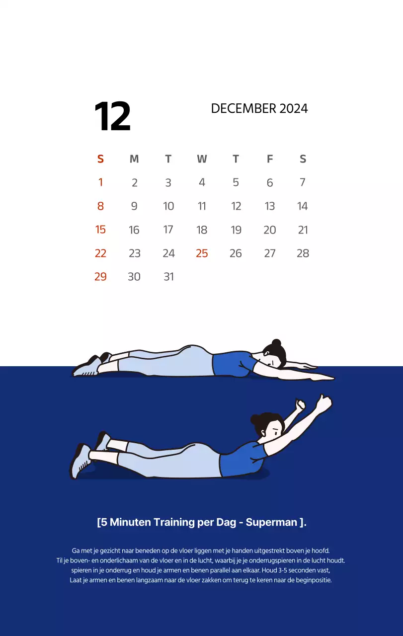 Eenvoudige kalender met strakke illustraties in blauw