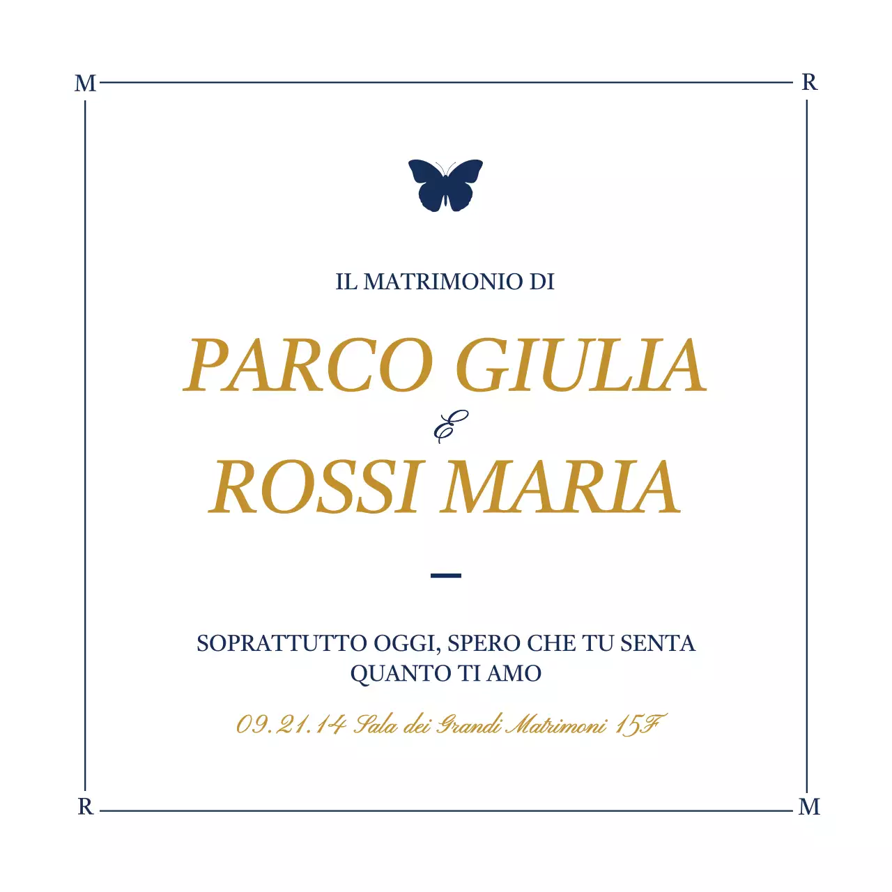 Invito di nozze dal design lussuoso con illustrazioni di farfalle in bianco e blu navy