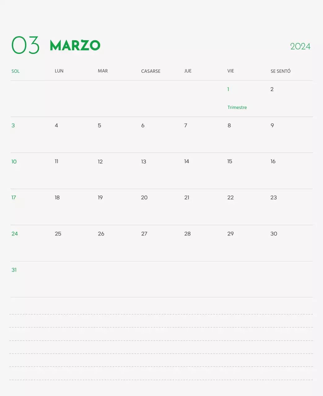 Un calendario con la imagen de un cachorro y un bonito mensaje en tonos verdes.