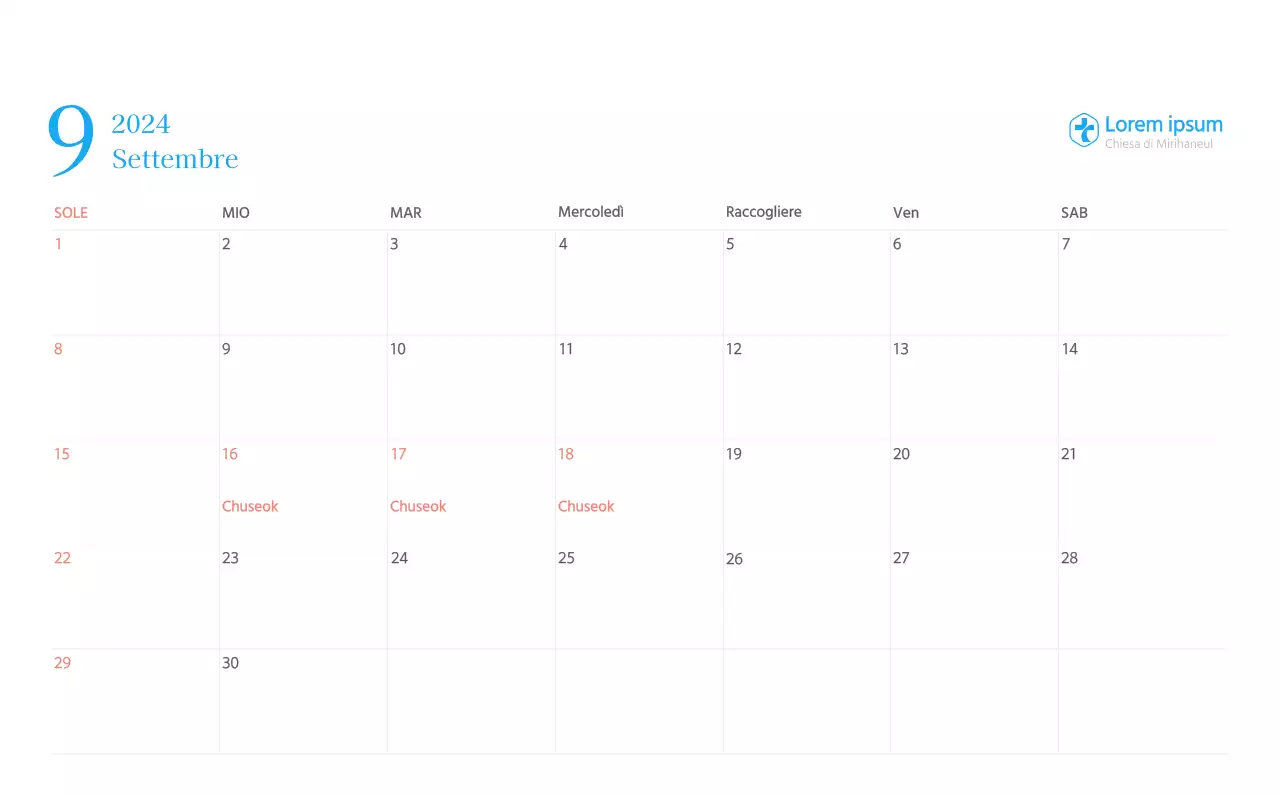 Calendario ecclesiastico blu di concezione moderna