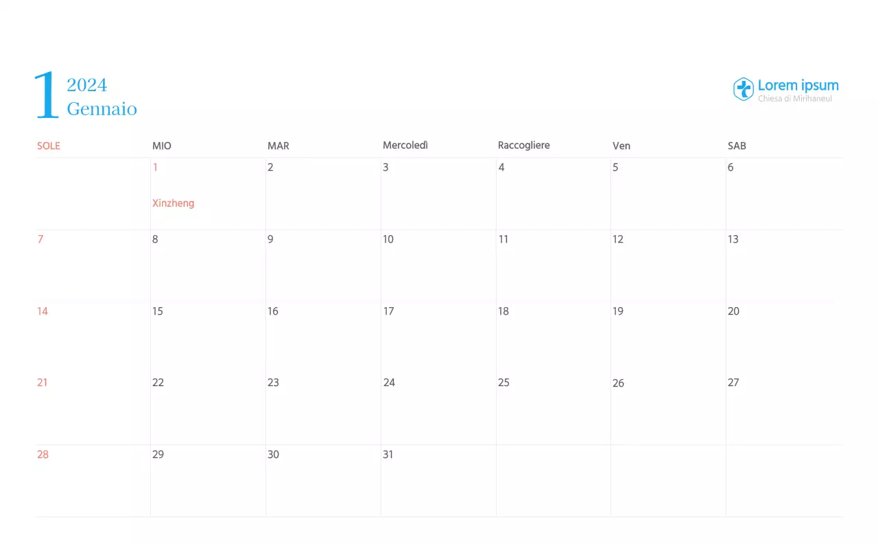 Calendario ecclesiastico blu di concezione moderna