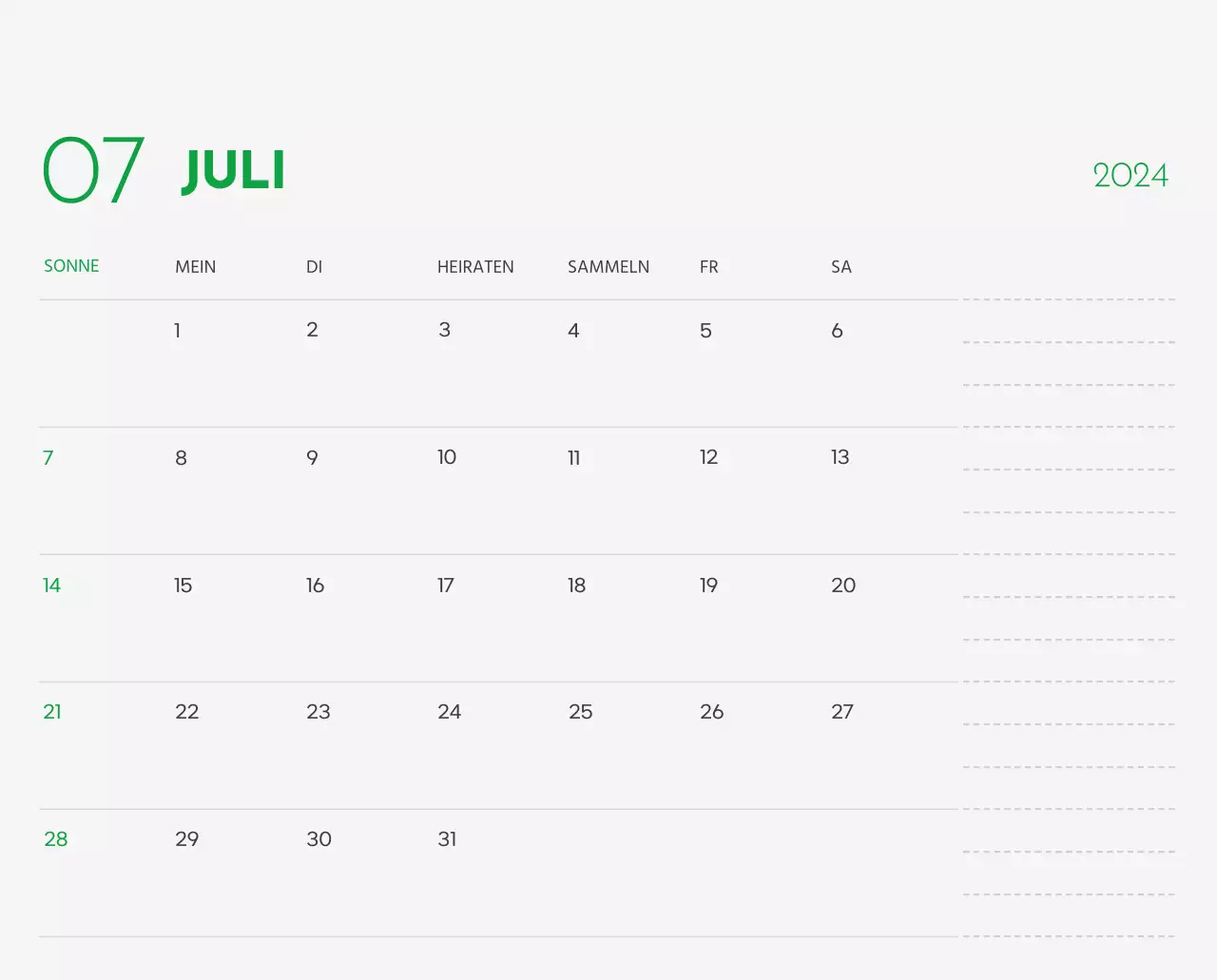 Ein Kalender mit einem Bild eines Welpen und einer niedlichen Botschaft in grünen Akzenten