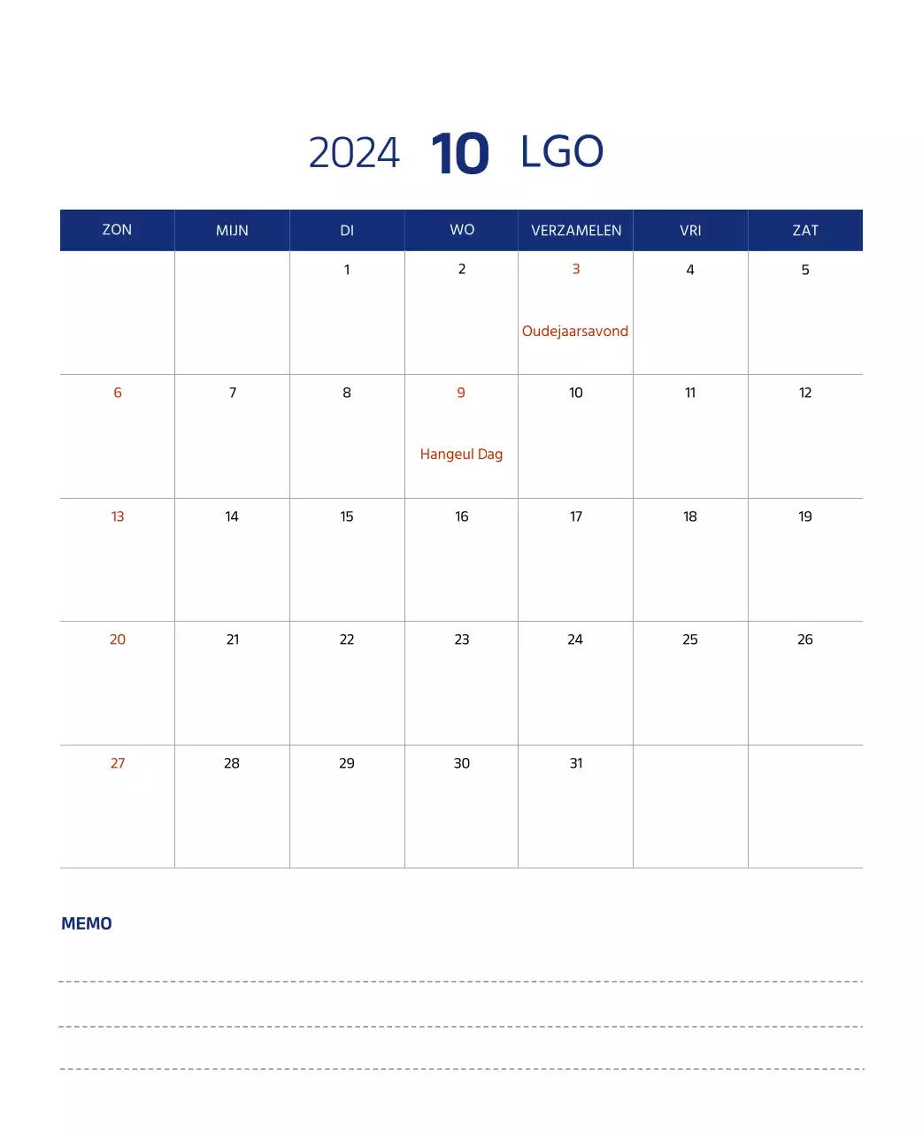 Eenvoudige kalender met strakke illustraties in blauw