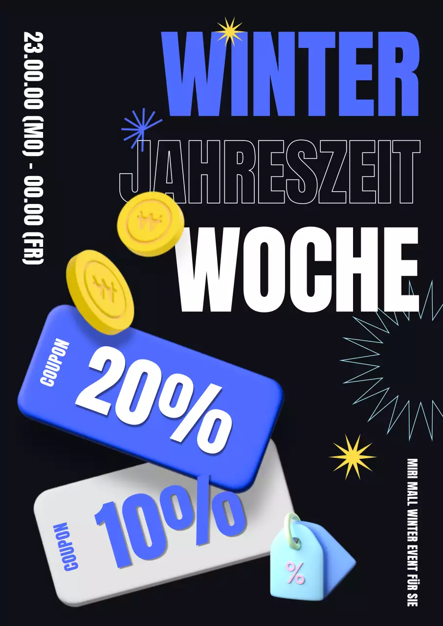 Trendiges, schlankes Schriftlayout und 3D-Coupon-Symbole für die Angebote der Wintersaisonwoche