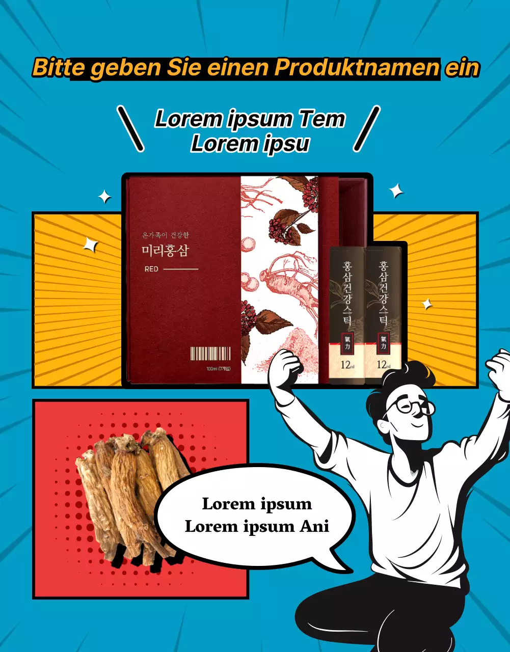 Eine Produktwerbung im Retro-Cartoon-Stil in Rot und Regenbogenfarben