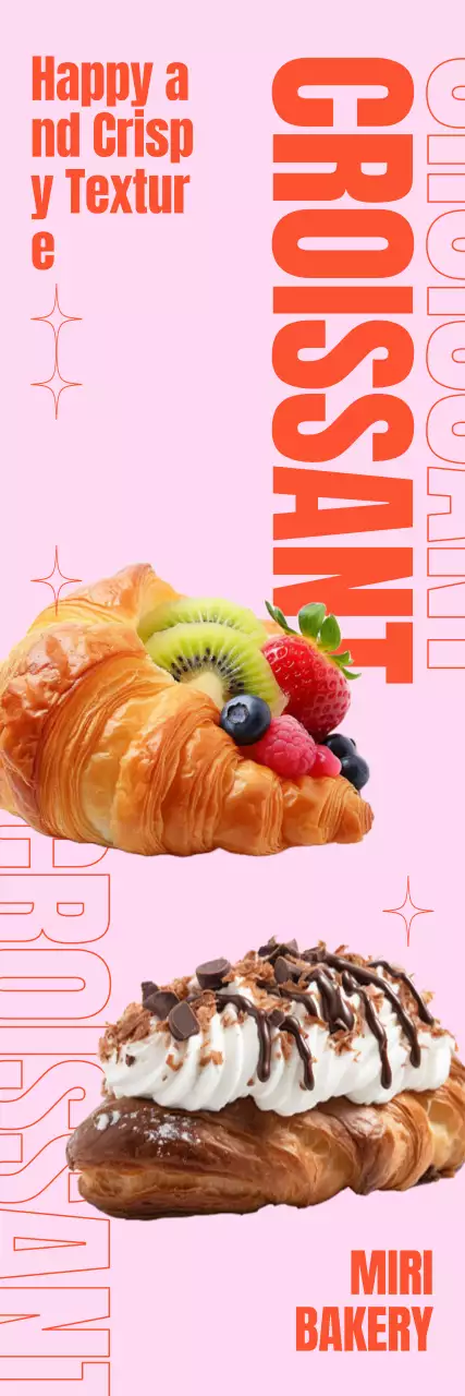 A cafe bakery menu accented with photorealistic images of croissant buns and bold text layouts and geometric graphics.