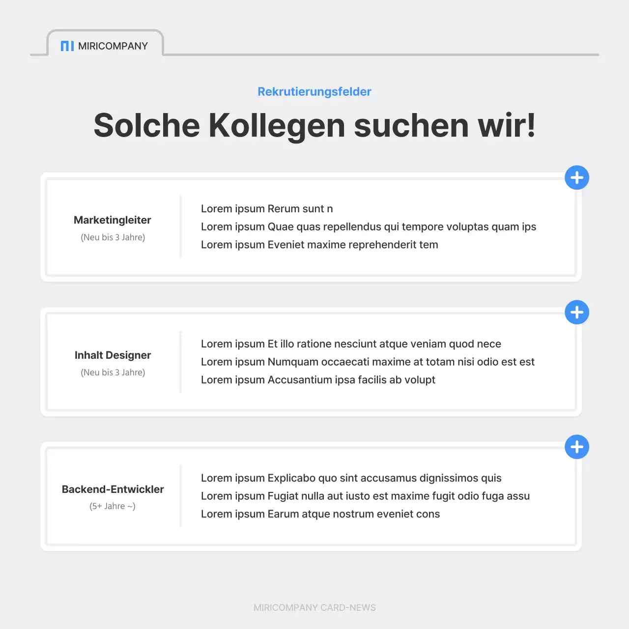 Eine einfache Stellenanzeige eines Unternehmens in Blau und Grau