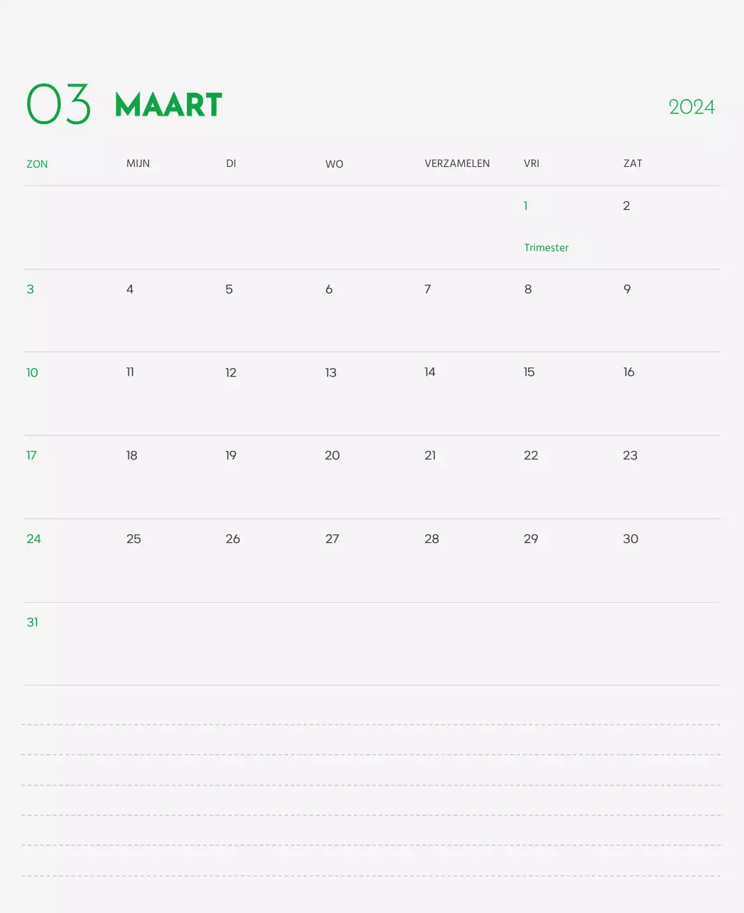 Een kalender met een afbeelding van een puppy en een schattige boodschap in groene accenten