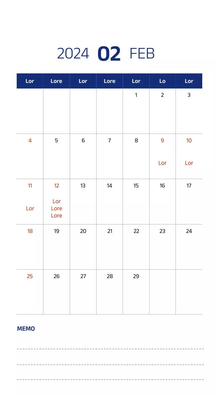 Einfacher Kalender mit klaren Illustrationen in Blau