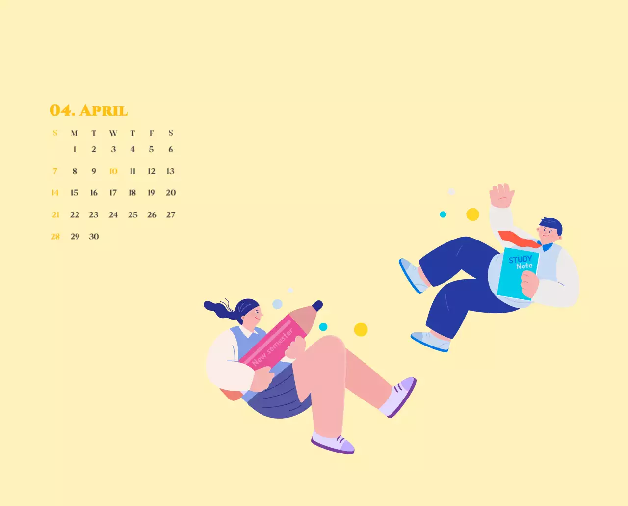 Kalender mit Jugendillustrationen auf gelbem und grünem Hintergrund