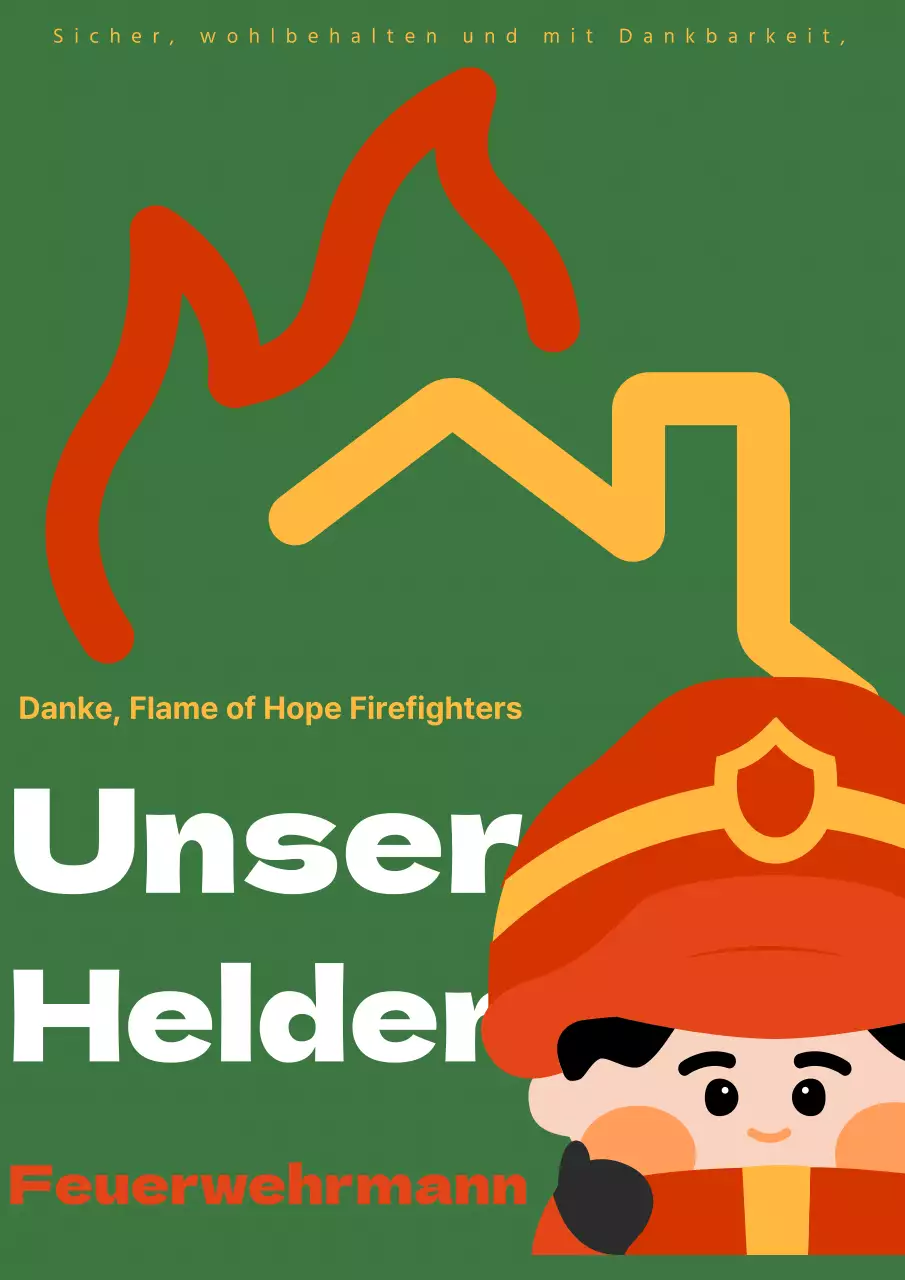 Förderung einer einfachen Illustration eines Feuerwehrmanns in Weiß, Gelb und Rot auf grünem Hintergrund