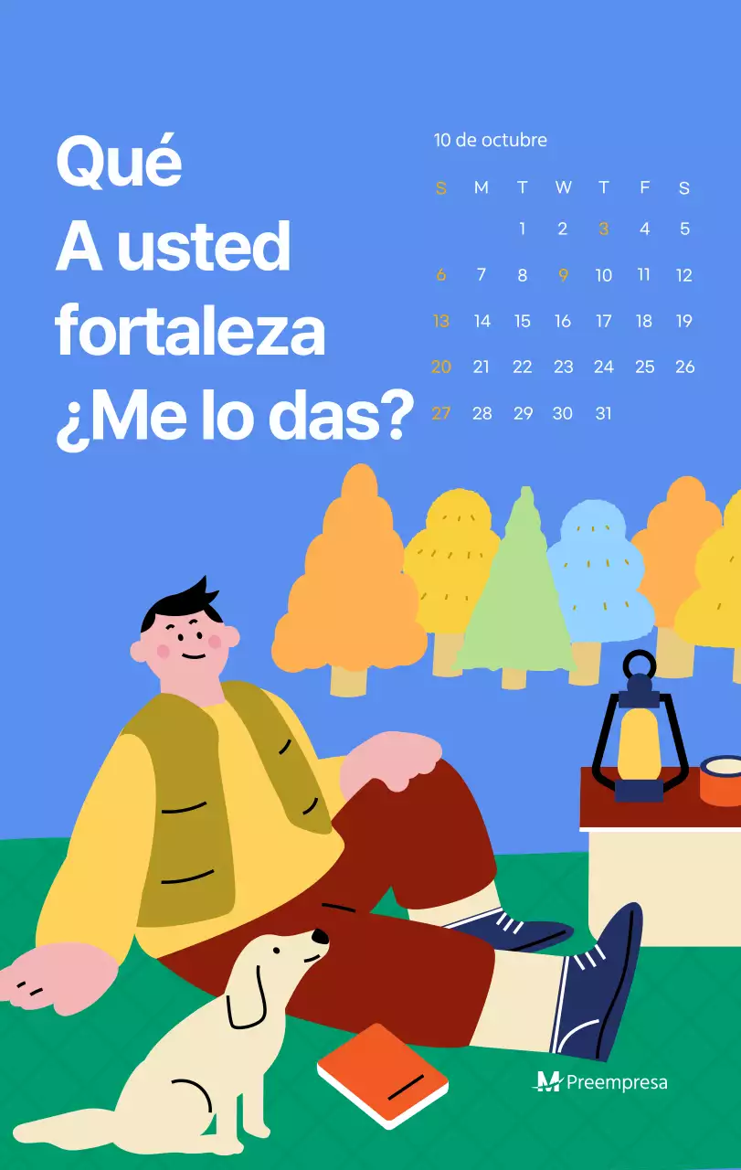 Calendario motivacional con ilustraciones llenas de energía y citas positivas sobre fondo azul claro