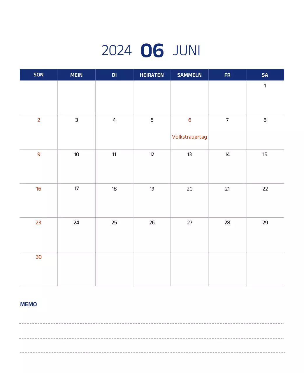 Einfacher Kalender mit klaren Illustrationen in Blau