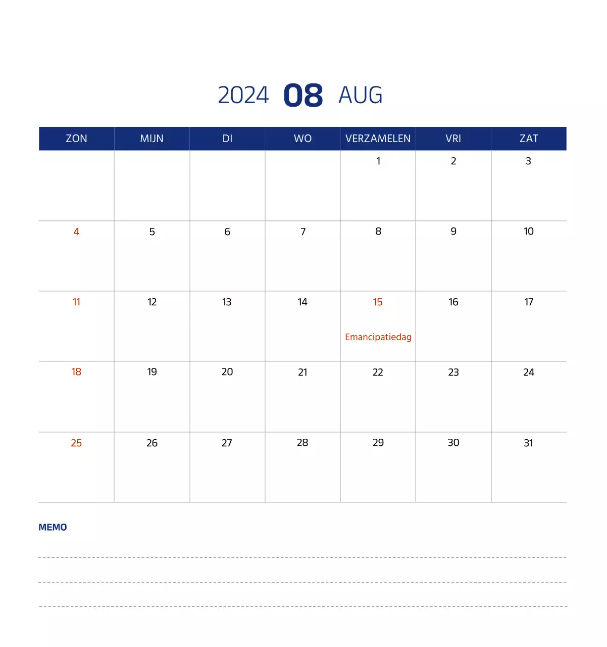 Eenvoudige kalender met strakke illustraties in blauw