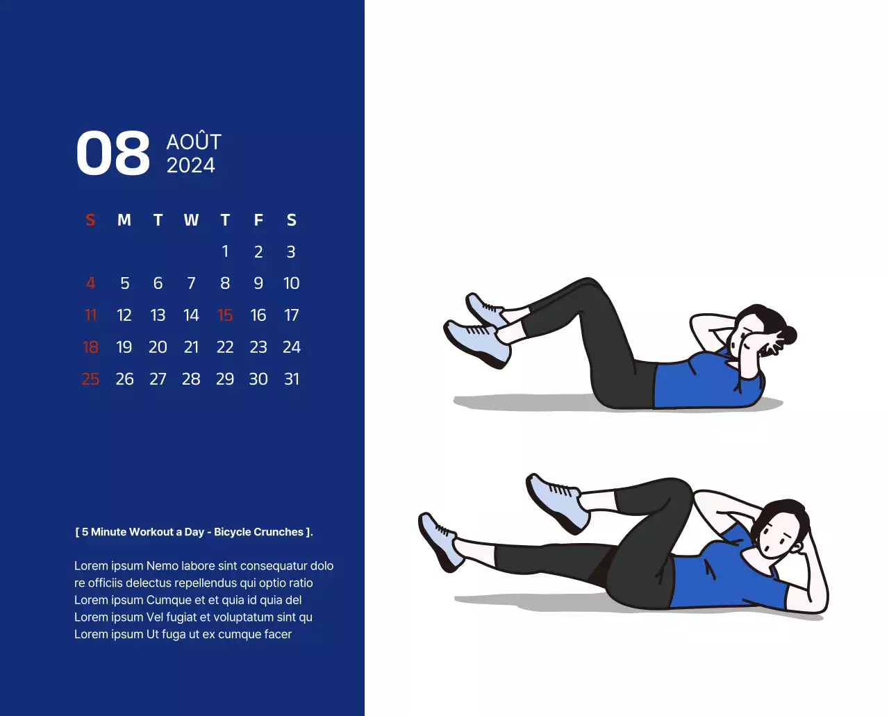 Calendrier simple avec des illustrations épurées en bleu