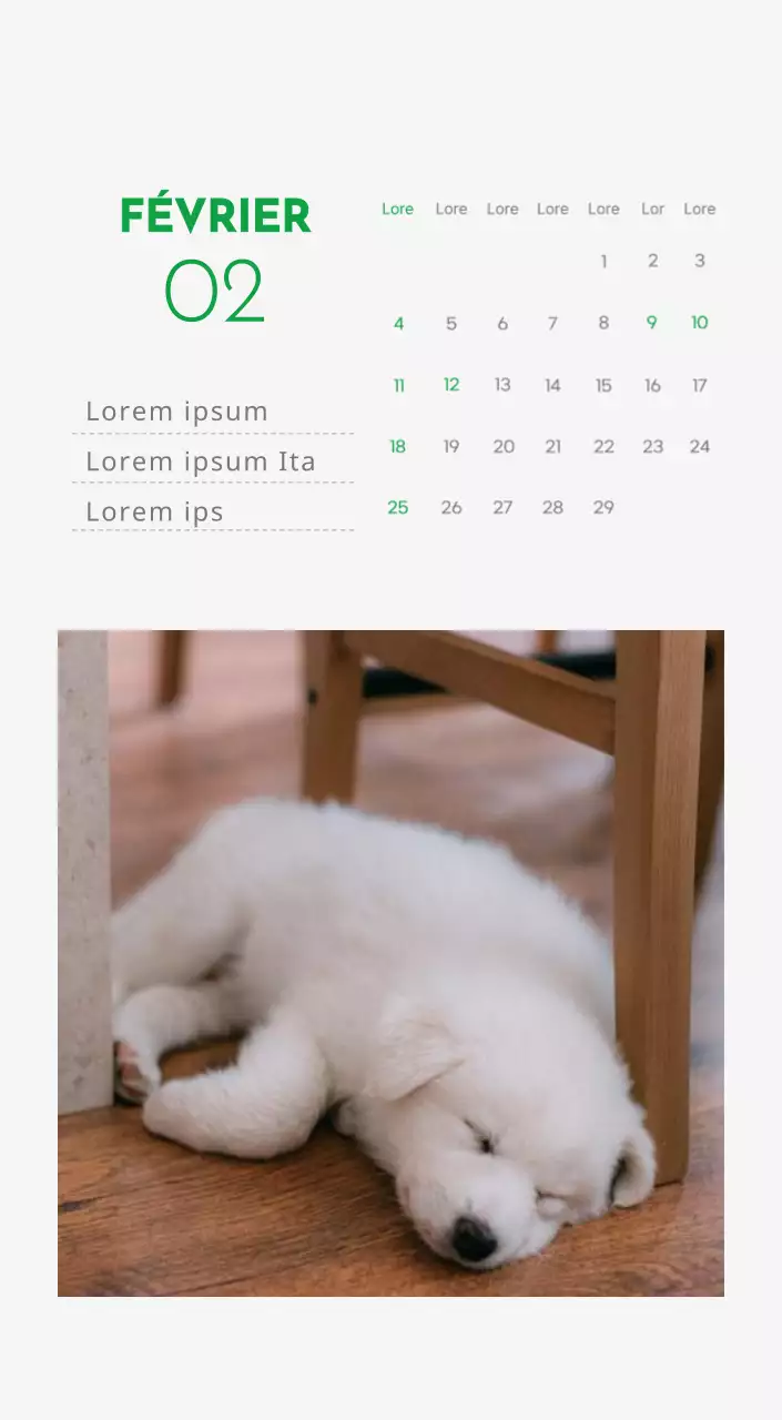 Un calendrier avec la photo d'un chiot et un message mignon aux accents verts.