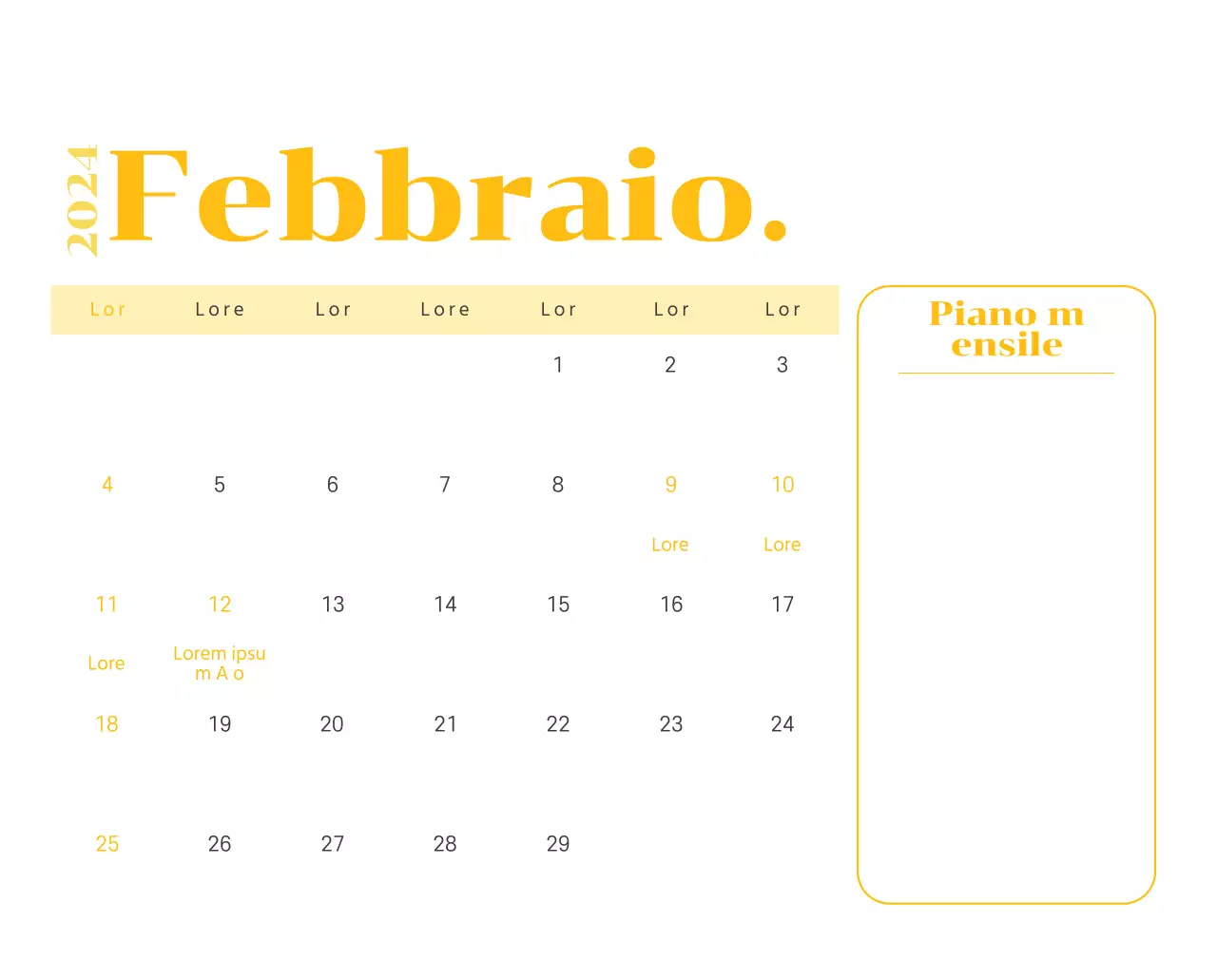 Calendario con illustrazioni giovanili su sfondo giallo e verde