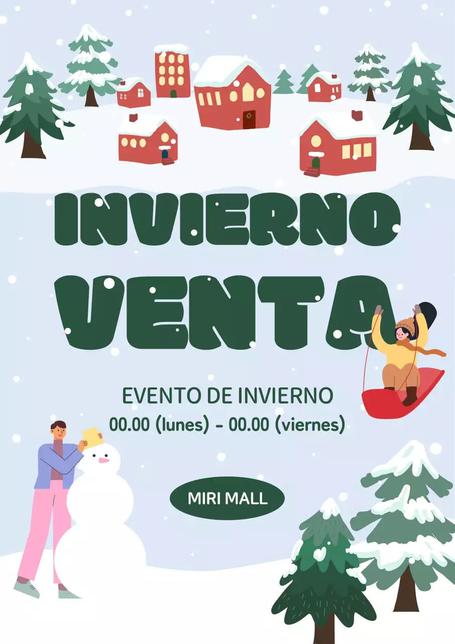 Una venta de invierno con un pueblo nevado, trineos de nieve y muñecos de nieve en una simpática ilustración invernal.