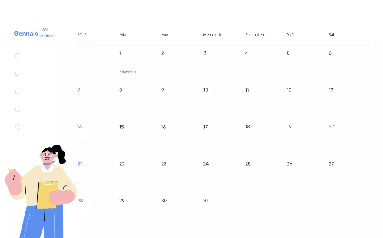 Calendario motivazionale con illustrazioni energetiche e citazioni positive su sfondo azzurro