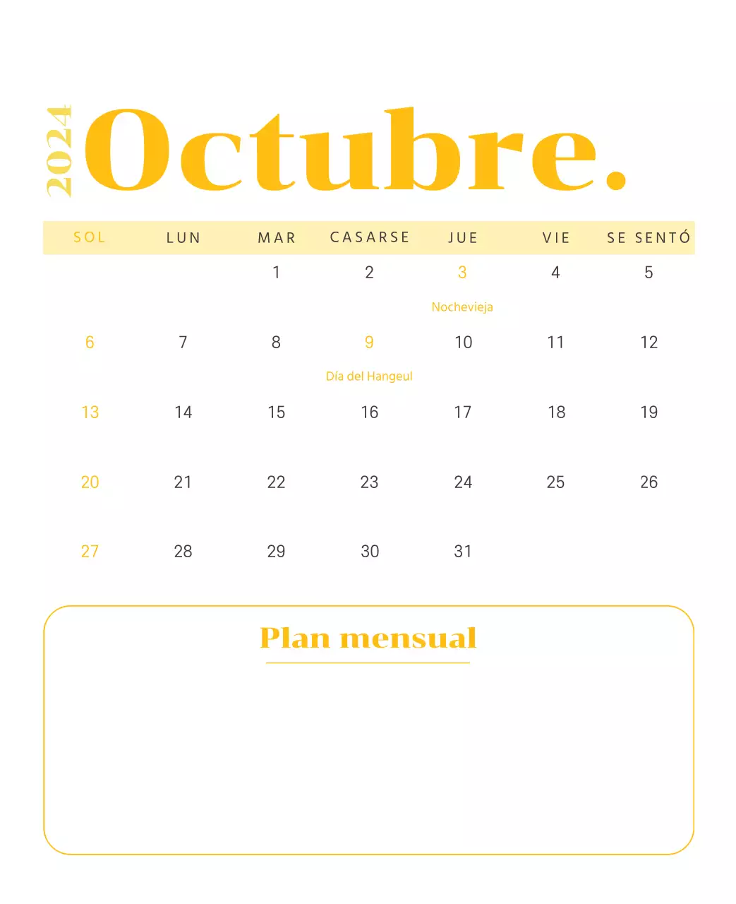 Calendario con ilustraciones juveniles sobre fondo amarillo y verde