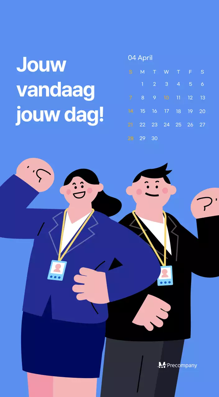 Motiverende kalender met energieke illustraties en positieve citaten op een lichtblauwe achtergrond