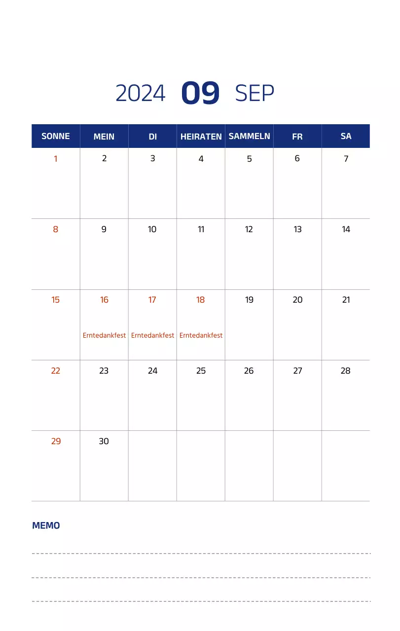 Einfacher Kalender mit klaren Illustrationen in Blau