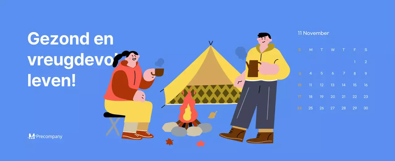 Motiverende kalender met energieke illustraties en positieve citaten op een lichtblauwe achtergrond