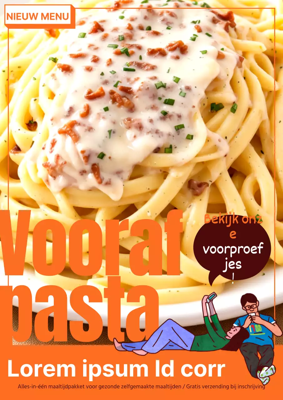 Kitscherige oranje en gele pasta-reviewadvertenties