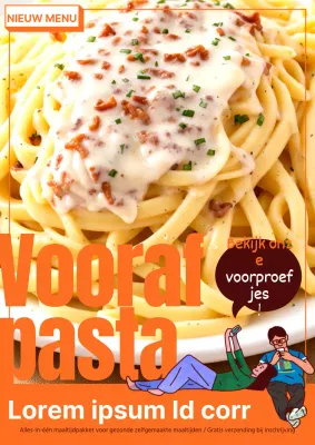 Kitscherige oranje en gele pasta-reviewadvertenties