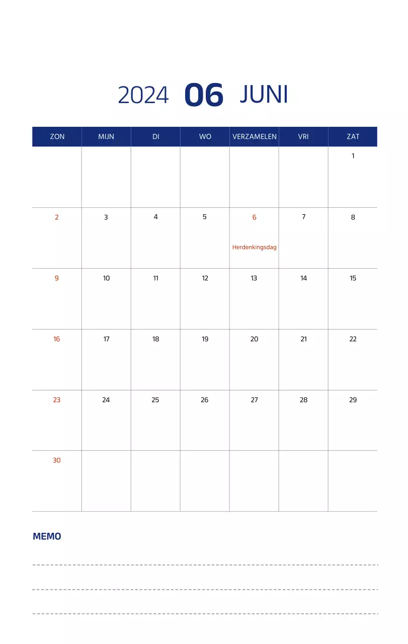 Eenvoudige kalender met strakke illustraties in blauw