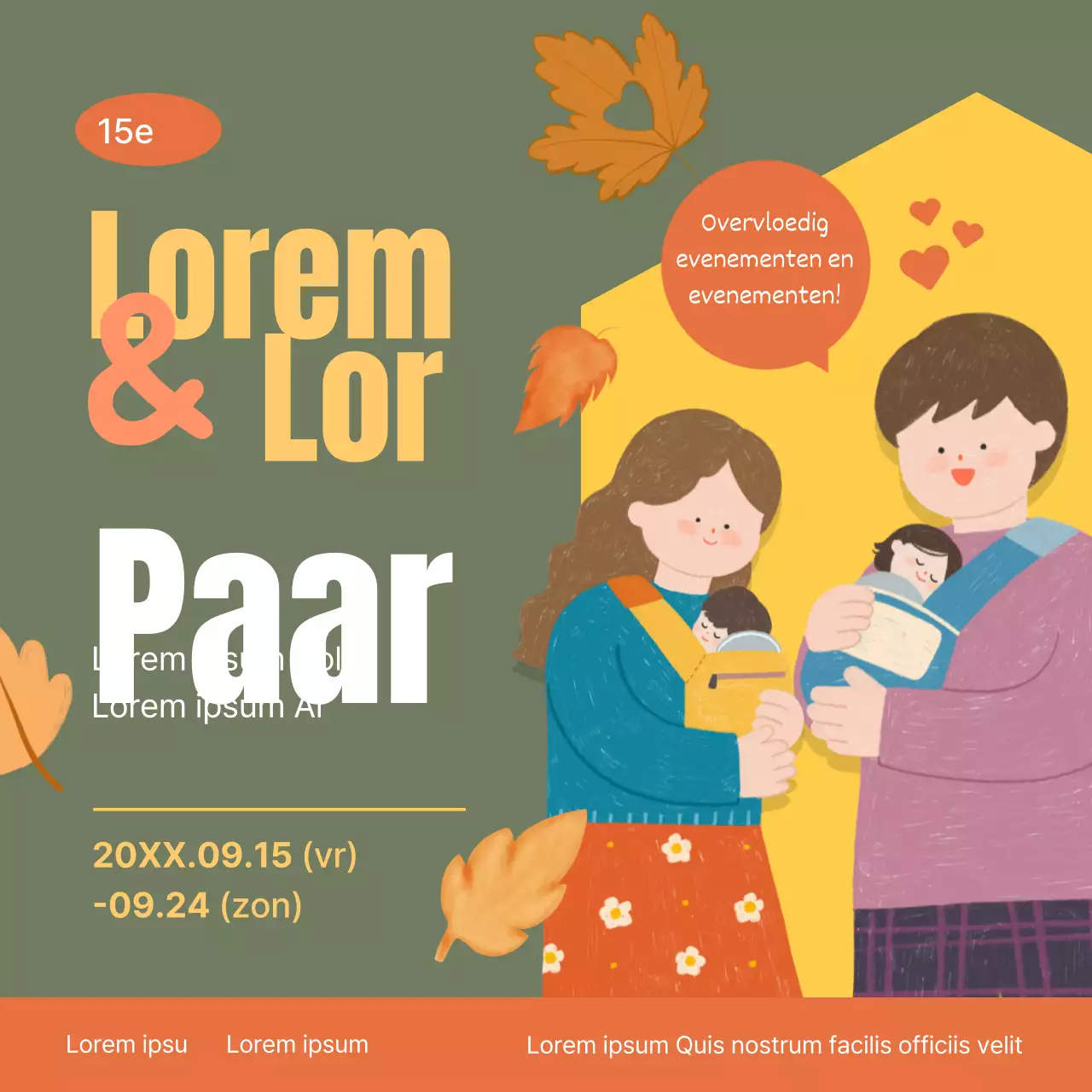 Promoot een eenvoudige baby-ouderschapsbeurs in kaki en geel