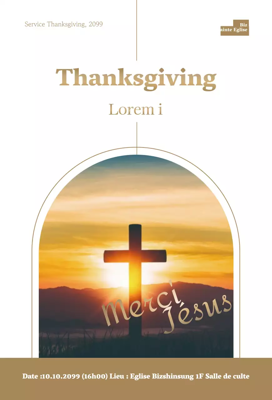 Invitation élégante pour le service de Thanksgiving avec texte marron et image de croix
