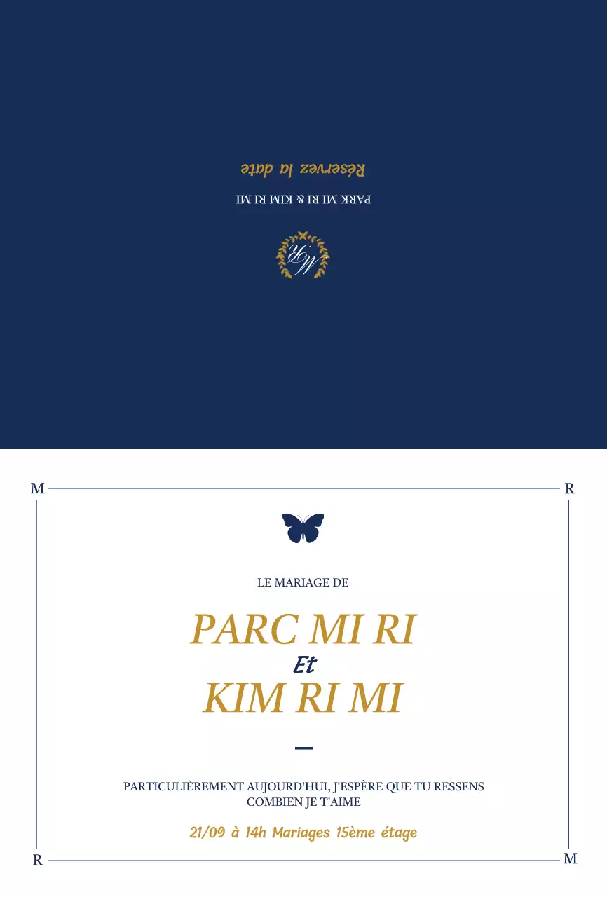 Invitation de mariage au design élégant avec des illustrations de papillons en blanc et bleu marine