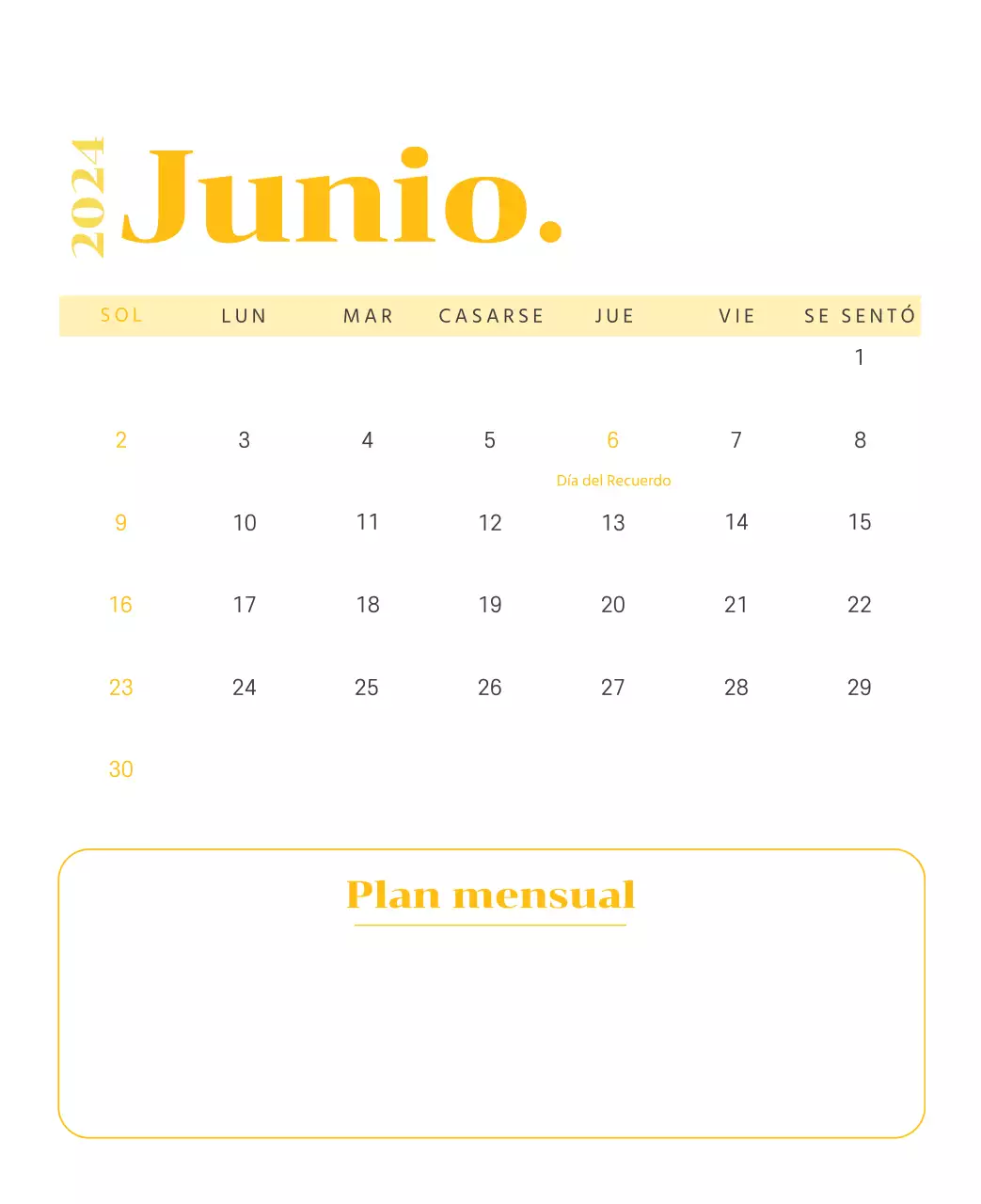 Calendario con ilustraciones juveniles sobre fondo amarillo y verde