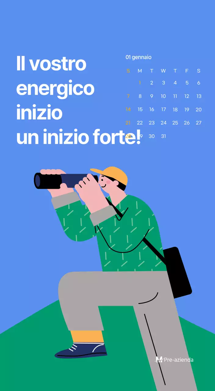 Calendario motivazionale con illustrazioni energetiche e citazioni positive su sfondo azzurro
