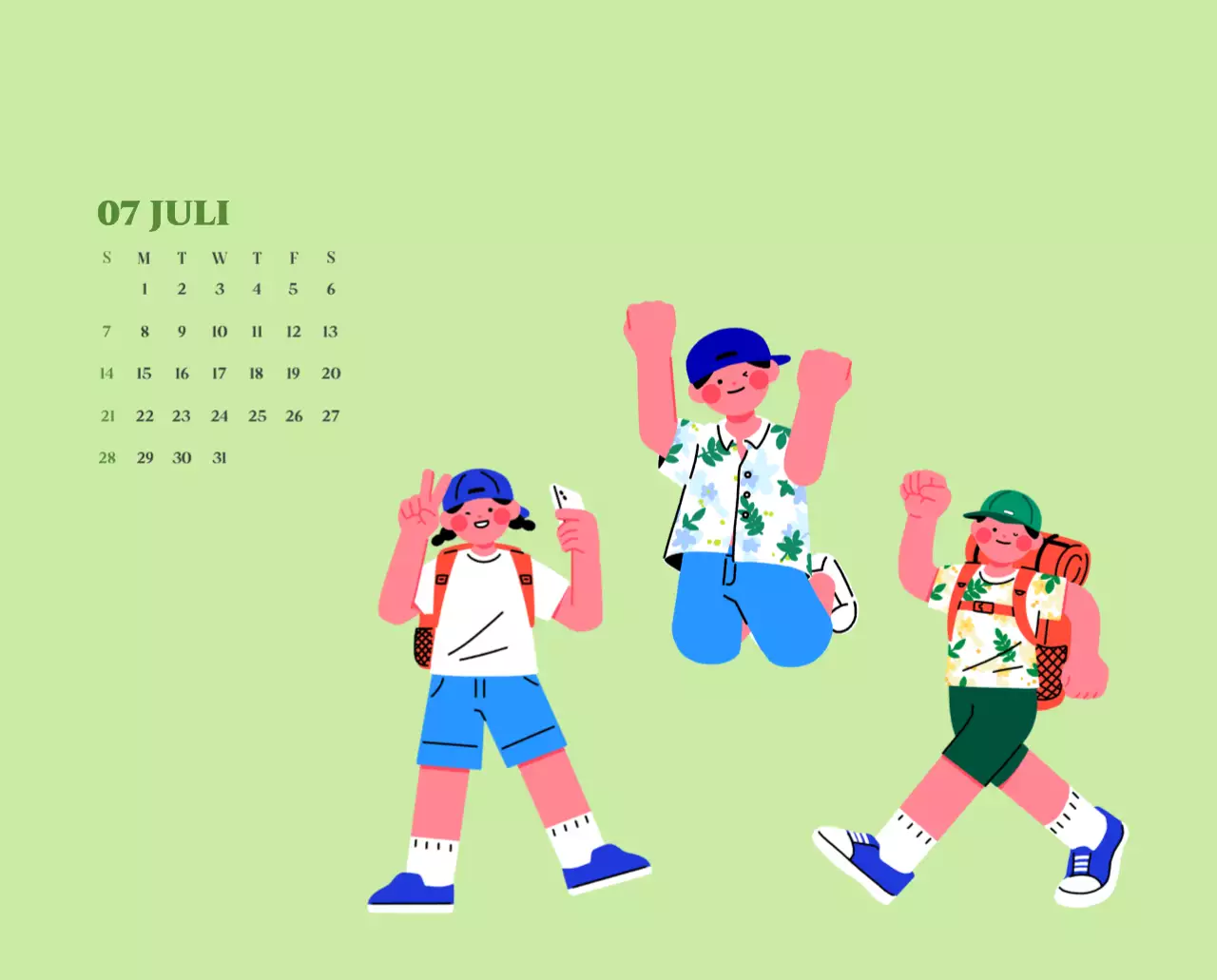 Kalender met jeugdillustraties op een gele en groene achtergrond