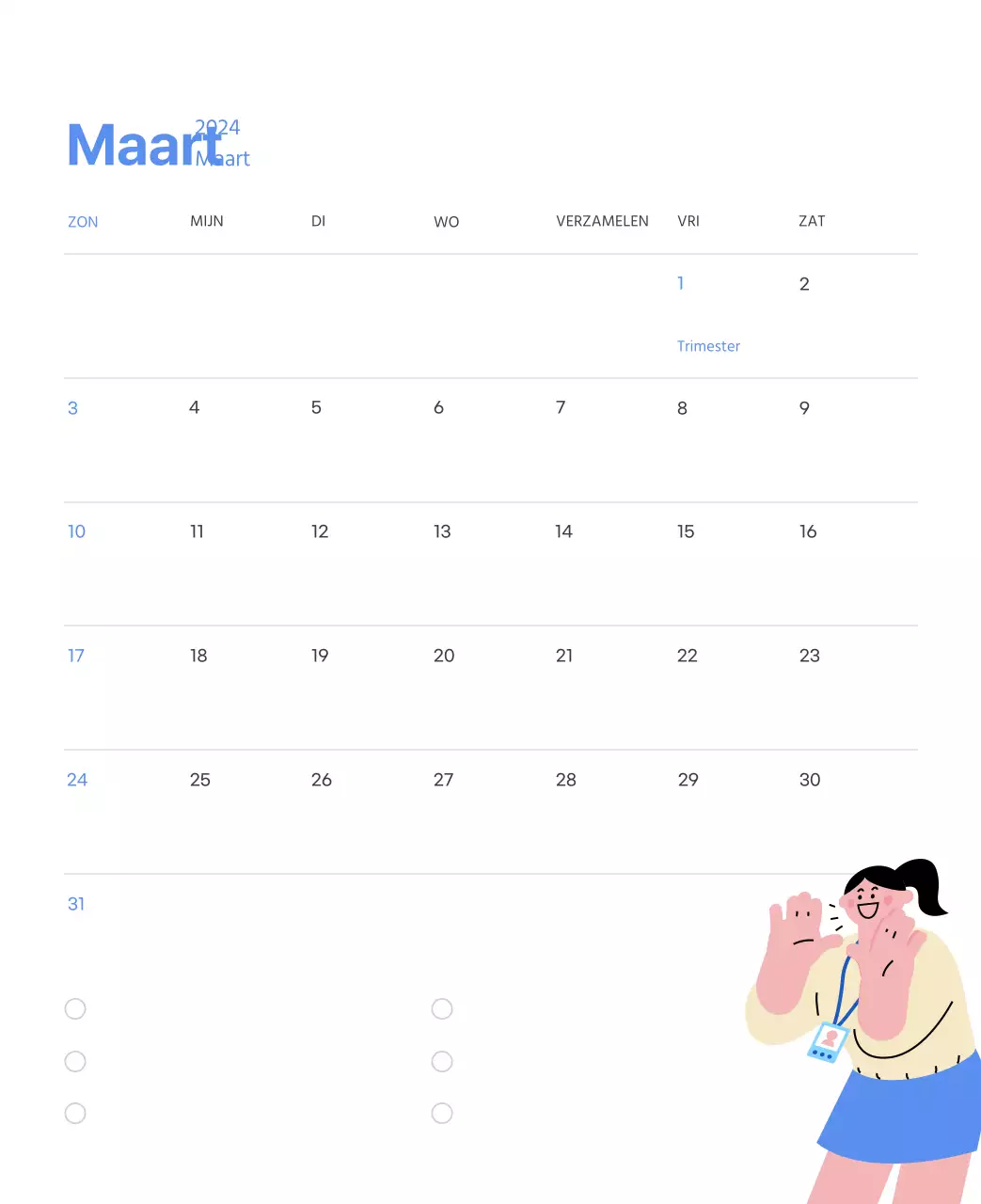 Motiverende kalender met energieke illustraties en positieve citaten op een lichtblauwe achtergrond