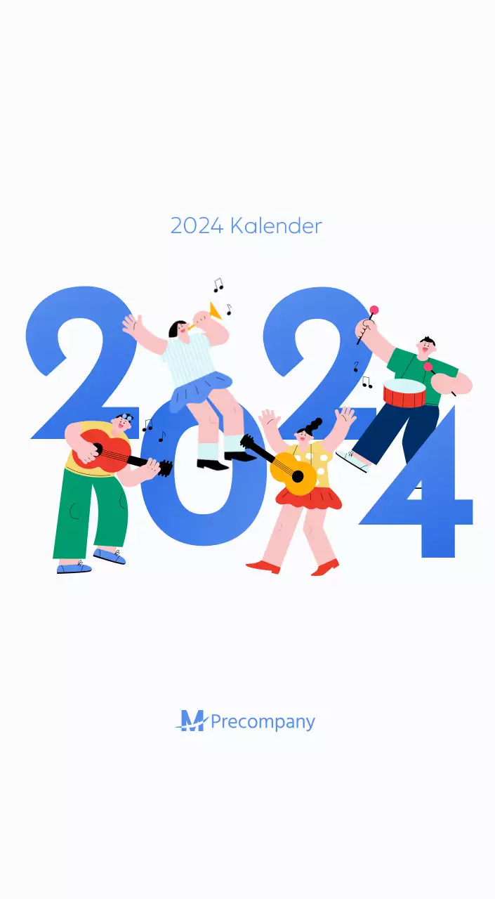 Motiverende kalender met energieke illustraties en positieve citaten op een lichtblauwe achtergrond