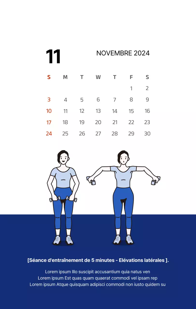 Calendrier simple avec des illustrations épurées en bleu