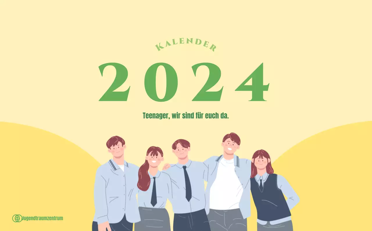 Kalender mit Jugendillustrationen auf gelbem und grünem Hintergrund