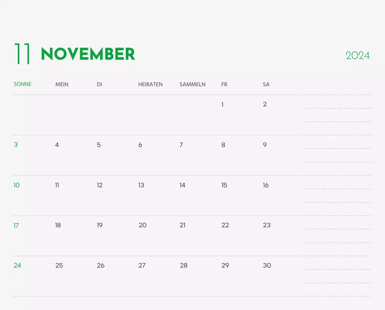 Ein Kalender mit einem Bild eines Welpen und einer niedlichen Botschaft in grünen Akzenten