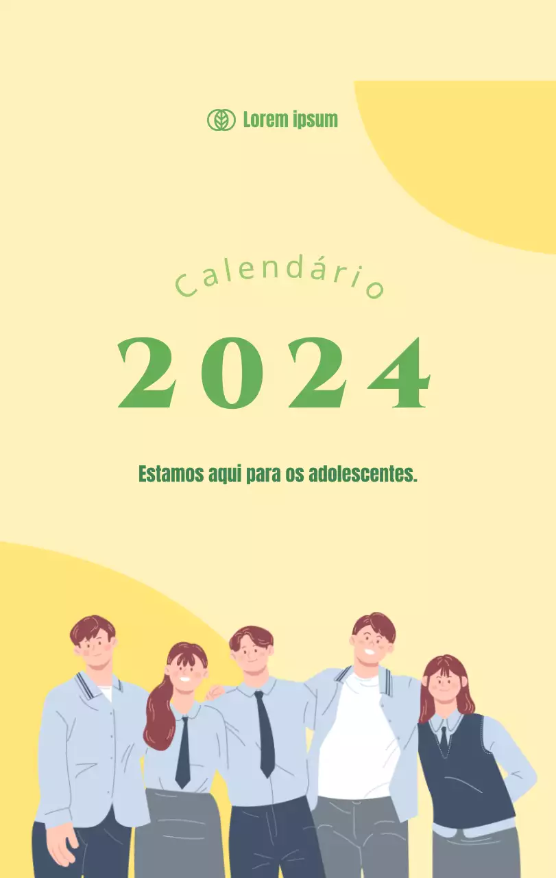Calendário com ilustrações de jovens sobre um fundo amarelo e verde
