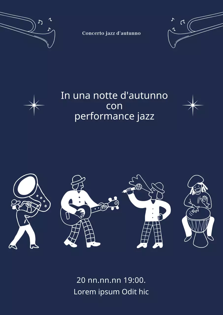 Poster di esibizione jazz con illustrazioni di persone che suonano e cantano.
