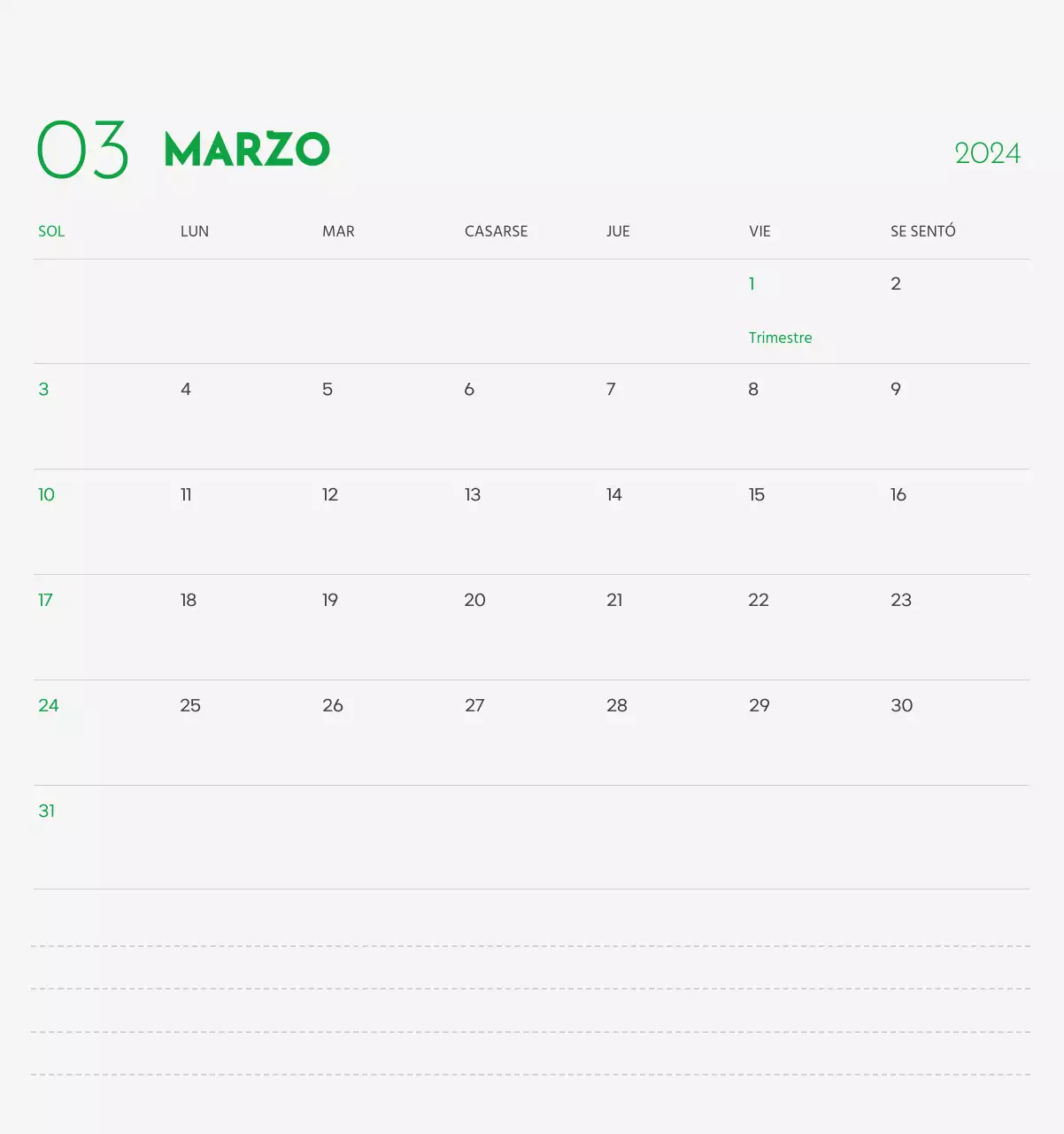 Un calendario con la imagen de un cachorro y un bonito mensaje en tonos verdes.